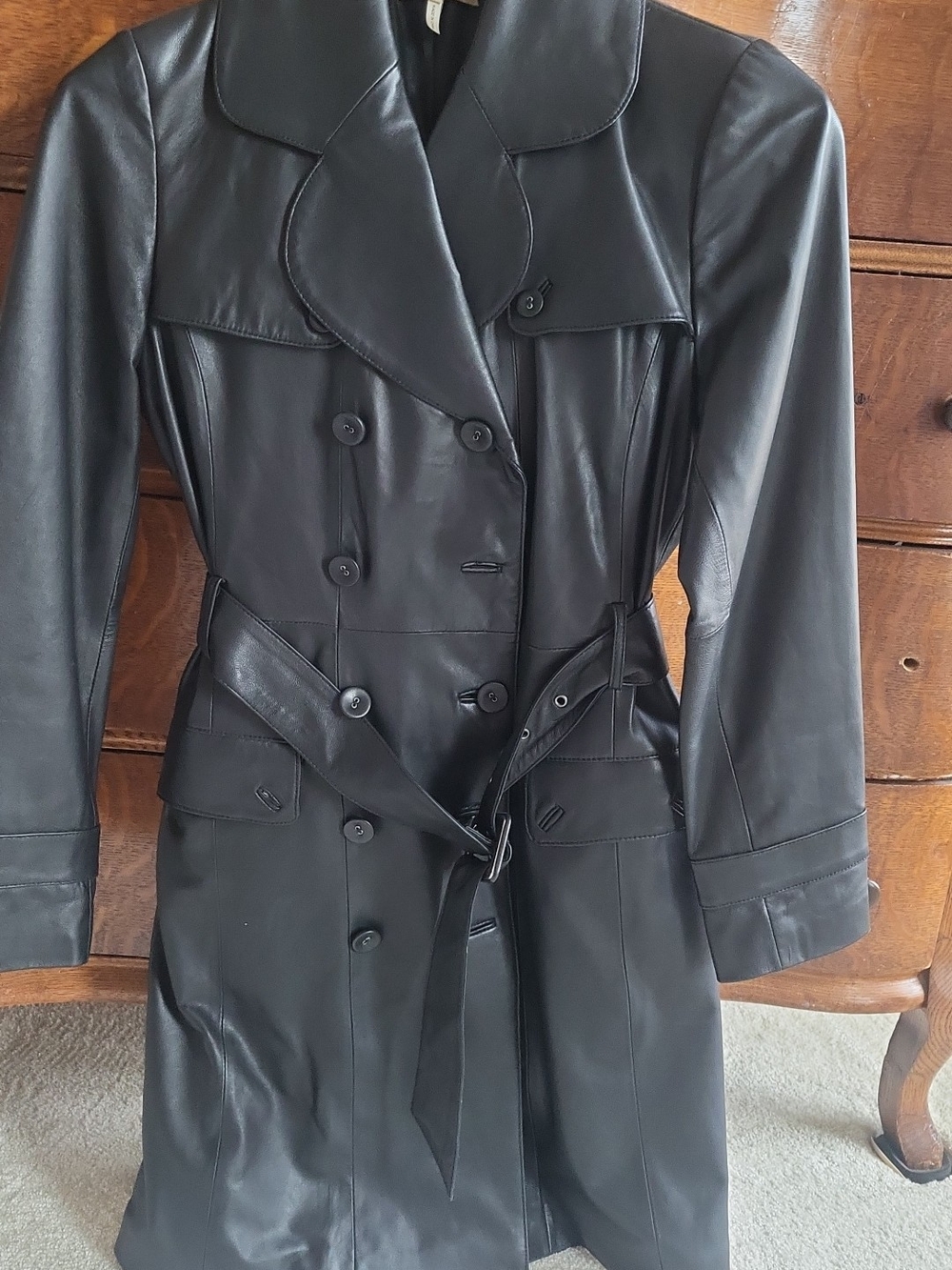 Black Leather Trench Coat with Belt